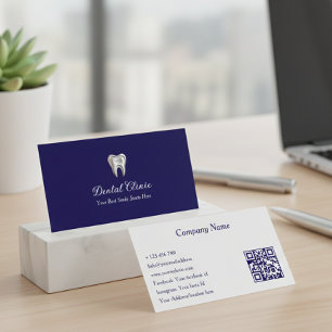 Tarjeta De Visita Clínica Dental Código QR Azul Marino Moderno Denti