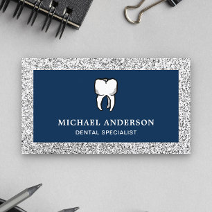 Tarjeta De Visita Clínica Dental Diente Brillo Plata Azul Dentista