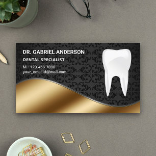 Tarjeta De Visita Clínica Dental Diente de Damasco Negro Oro Dentist