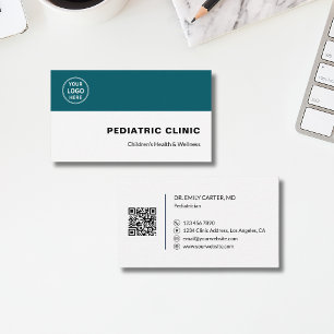 Tarjeta De Visita Clínica Pediátrica Logo Personalizado QR Verde Tea