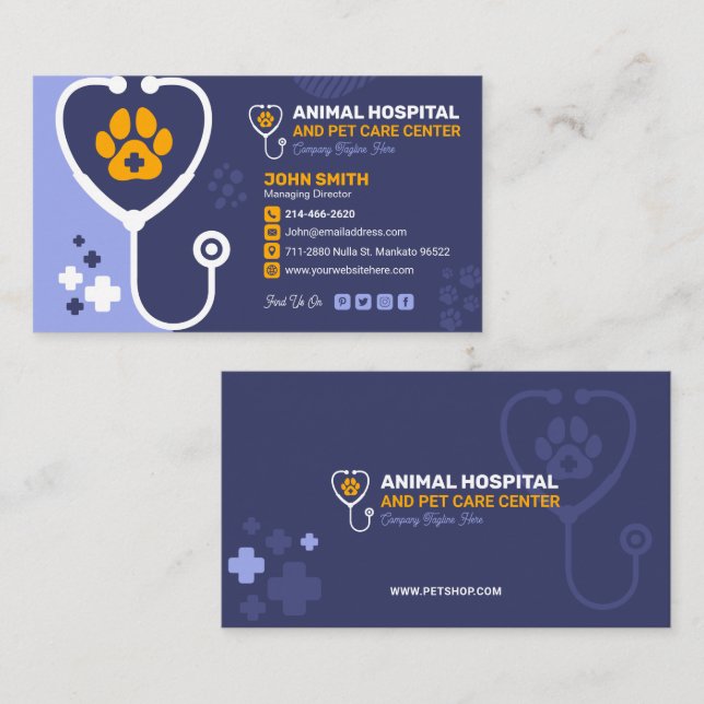 Tarjeta De Visita Clínica Veterinaria, Cuidados de Mascotas, Vet, Mé (Anverso / Reverso)