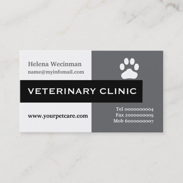 Tarjeta De Visita Clínica veterinaria, gris de garra, negro (Anverso)
