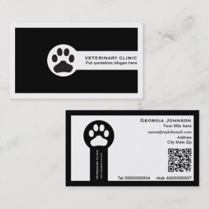 Tarjeta De Visita Clínica veterinaria negra con código QR y huella d