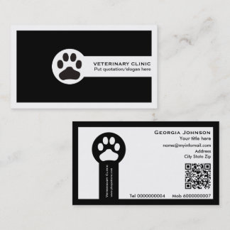 Tarjeta De Visita Clínica veterinaria negra con código QR y huella d