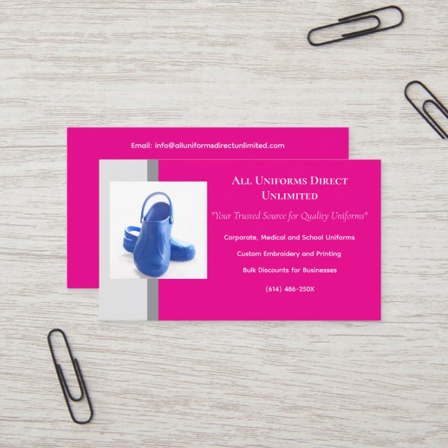 Tarjeta De Visita Clogs Médicos Gris Azul Caliente Rosado Uniforme (Anverso/Reverso In Situ)