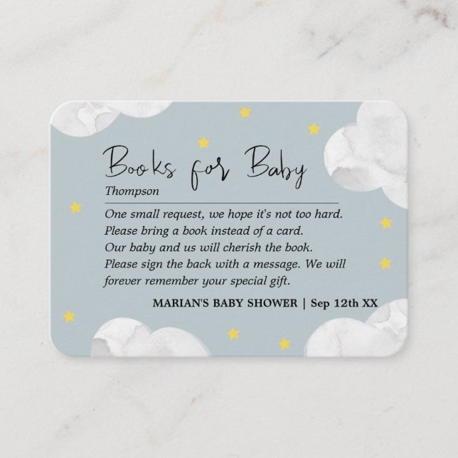 Tarjeta De Visita Clouds Blue Gray Boy Books Baby Shower (Anverso)