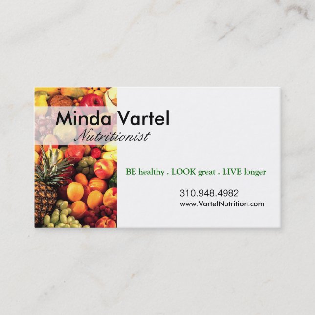 Tarjeta De Visita Coche de la comida del nutricionista, sano, (Anverso)