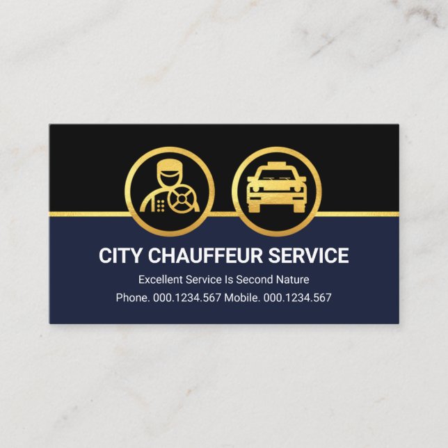 Tarjeta De Visita Coche Gold Chauffeur En Capas Azules Negras (Anverso)