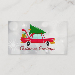 Tarjeta De Visita Coche rojo retro que lleva un árbol de Navidad