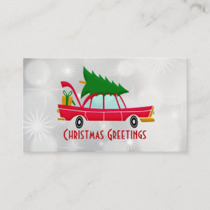Tarjeta De Visita Coche rojo retro que lleva un árbol de Navidad