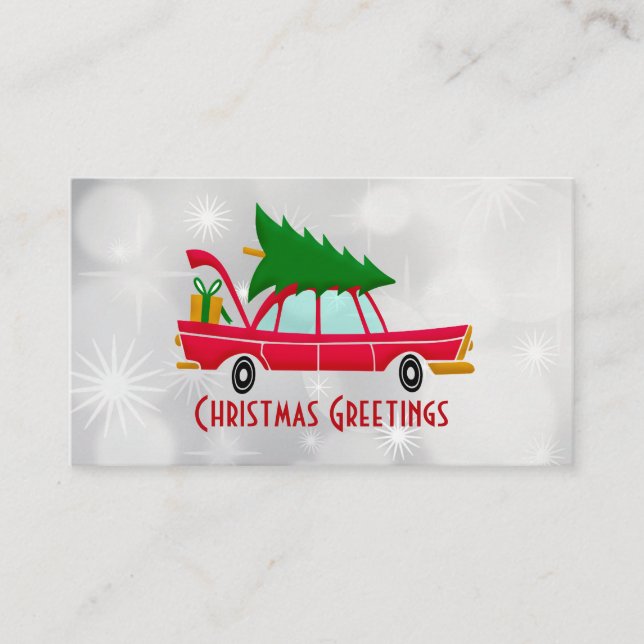 Tarjeta De Visita Coche rojo retro que lleva un árbol de Navidad (Anverso)