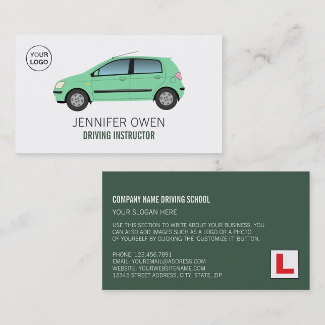 Tarjeta De Visita Coche verde moderno, escuela de conducción, instru (Anverso / Reverso)