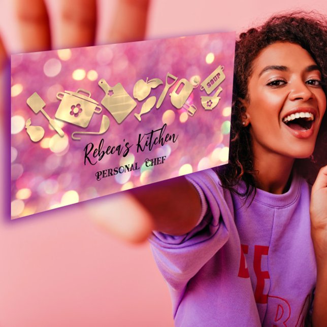 Tarjeta De Visita Cocina Chef Restaurante Catálogo Logo QR Código Ro (Cooking Chef Restaurant Catering Logo QR Code Pink Business Card)