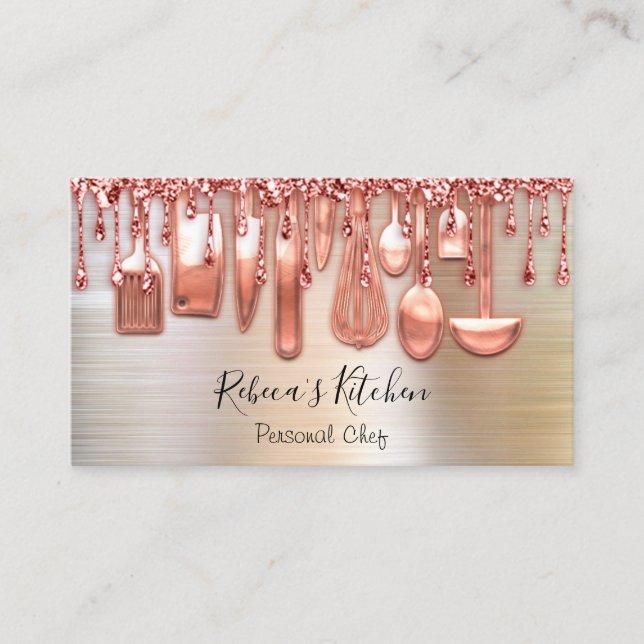 Tarjeta De Visita Cocina de Chef Personal Cuchilla Rosa Metalizado