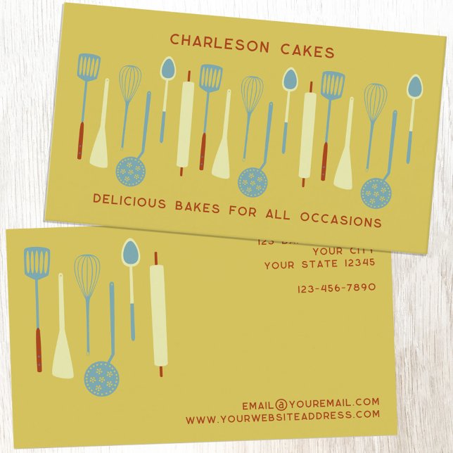 Tarjeta De Visita Cocina retro horneando el amarillo (Retro Kitchen yellow business card template with editable text for baker, cake maker, catering, cafe)