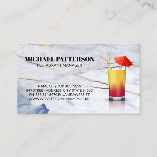 Tarjeta De Visita Cóctel de paraguas | Mármol de oro azul (Anverso)