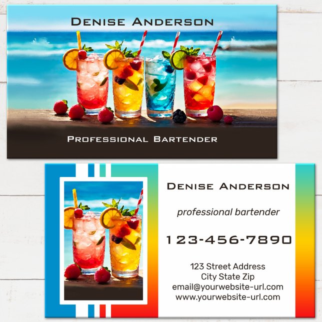 Tarjeta De Visita Cóctel de verano colorido Bartender de playa  (Eye catching business card featuring colorful tropical cocktails on the beach - bartender - bar)