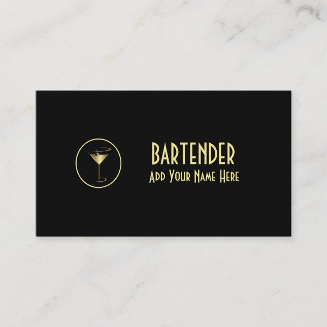 Tarjeta De Visita Cóctel metálico de oro Martini Bartender (Anverso)