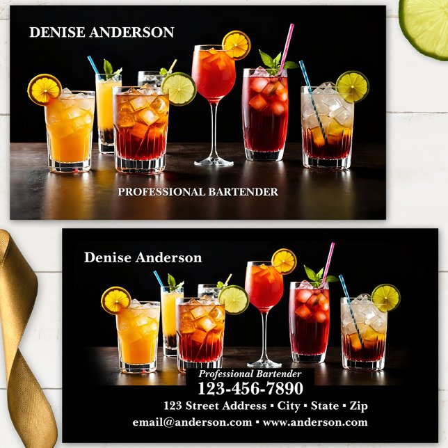 Tarjeta De Visita Cócteles Coloridos Bartender Profesional (Bartender business card featuring an illustration of different festive and colorful cocktail glasses)