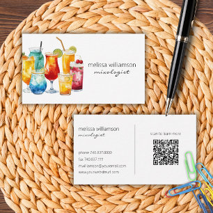 Tarjeta De Visita Cócteles de Acuarela con Código QR 