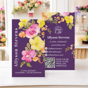 Tarjeta De Visita Codificación qr del logotipo púrpura de la acuarel