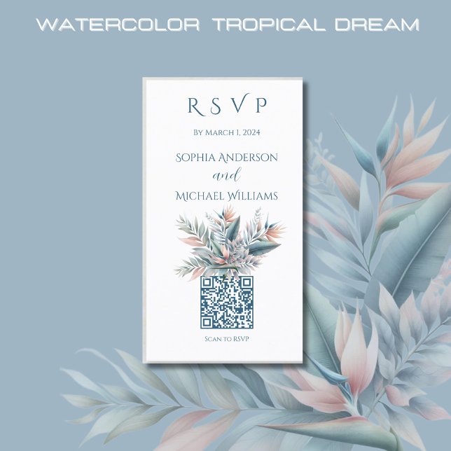 Tarjeta De Visita Código de acuarela de sueño tropical-RSVP-QR- (Watercolor Tropical Dream Wedding RSVP QR code-Coastal-Pastel Colors)