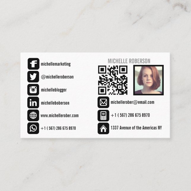 Tarjeta De Visita código del qr del headshot e iconos sociales de (Anverso)