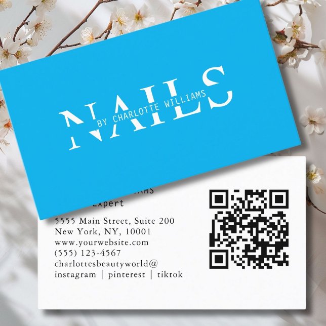 Tarjeta De Visita Código moderno, azul, QR (Modern, Blue, QR Code Business Card. Perfect for Beauty, Nails, Lashes, Hair experts and more.)