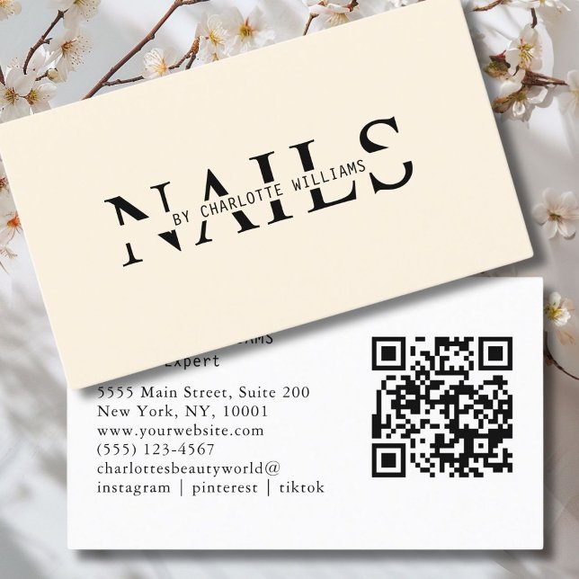 Tarjeta De Visita Código moderno, beige, QR (Modern, Beige, QR Code Business Card. Perfect for Beauty, Nails, Lashes, Hair experts and more.)