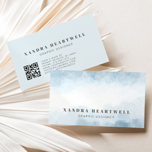Tarjeta De Visita Código QR abstracto de acuarela azul suave moderno