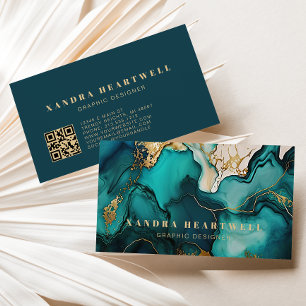 Tarjeta De Visita Código QR abstracto de tinta brillante azul turque