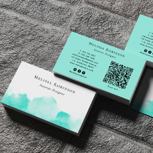 Tarjeta De Visita Código QR Acuarela Abstracto Chic Turquesa y Blanc