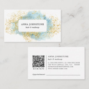 Tarjeta De Visita Código QR Acuarela Azul y Dorado   Cita