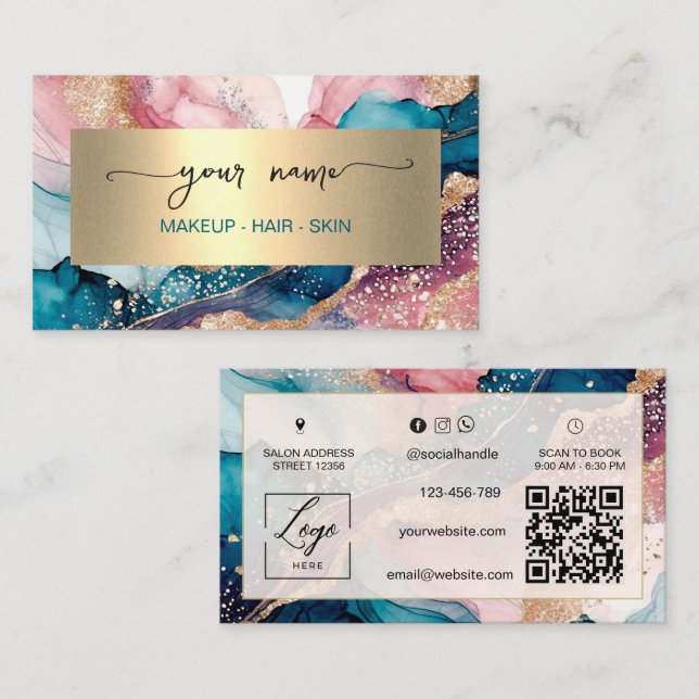 Tarjeta De Visita Código Qr acuarela y hoja de oro falso  (Anverso / Reverso)