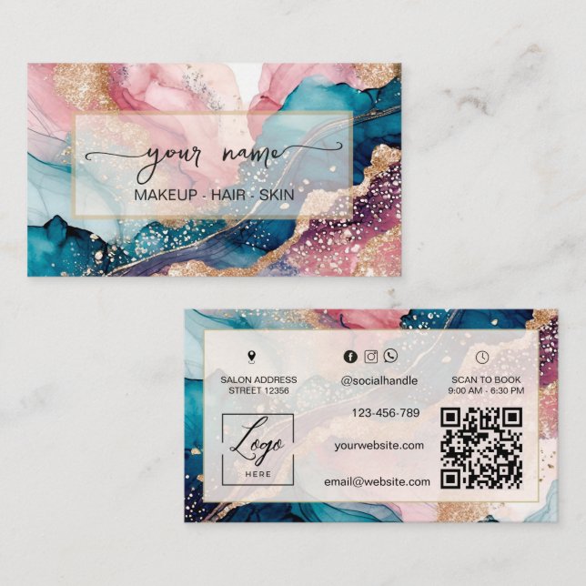 Tarjeta De Visita Código Qr acuarela y rubor iridiscente Rosa (Anverso / Reverso)