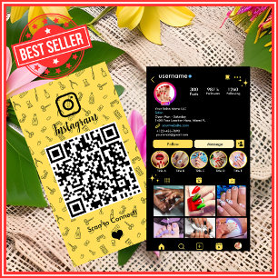 Tarjeta De Visita Código QR Amarillo de Instagram de Salón de Uñas