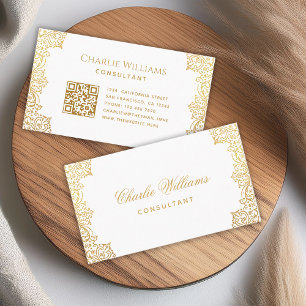 Tarjeta De Visita Código QR Antiguo Elegante Dorado Blanco con Letra