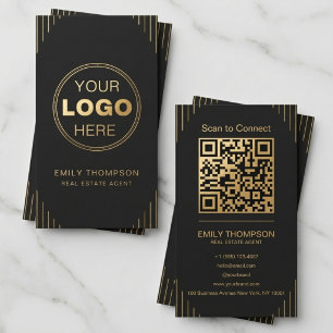 Tarjeta De Visita Código QR Art Déco Oro Negro Diseño Minimalista El