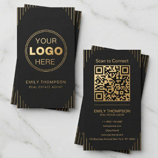 Tarjeta De Visita Código QR Art Déco Oro Negro Diseño Minimalista El