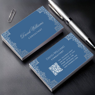 Tarjeta De Visita Código QR Azul Clásico Antiguo con Letra Ornata Vi