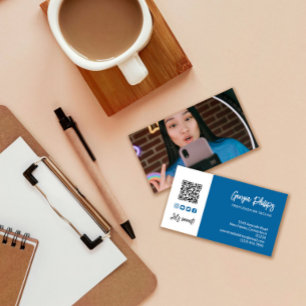 Tarjeta De Visita Código QR azul cobalto Foto Iconos de medios socia