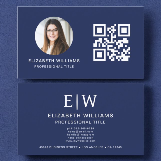 Tarjeta De Visita Código QR azul de la Marina Foto Monograma Minimal (Subido por el creador)