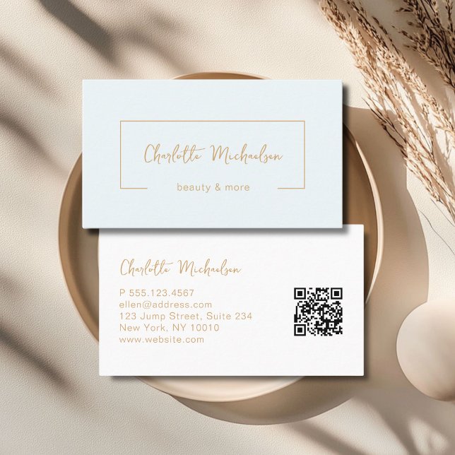 Tarjeta De Visita Código QR Azul de Letra Minúscula (Minimal Handwriting Blue QR Code Business Card)
