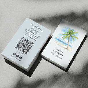 Tarjeta De Visita Código QR Azul de Palma Tropical de Playa con Acua