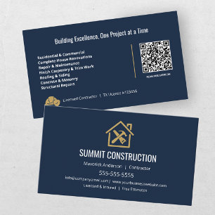 Tarjeta De Visita Código QR azul dorado del contratista general mode