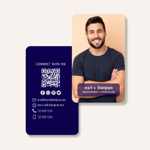 Tarjeta De Visita Código QR Azul Marino Foto Conectar Moderno