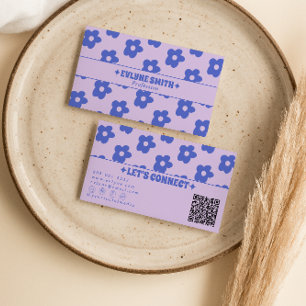 Tarjeta De Visita Código QR Azul Púrpura Retro Floral Único Groovy