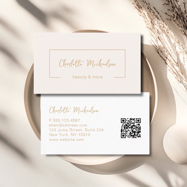 Tarjeta De Visita Código QR beige de escritura mínima (Minimal Handwriting Beige QR Code Business Card)