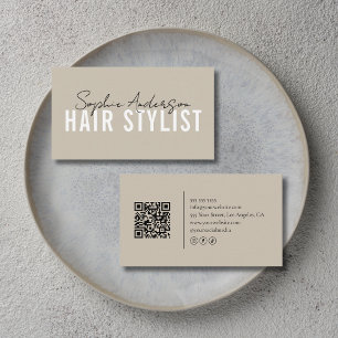 Tarjeta De Visita Código QR beige de salón de peluquería