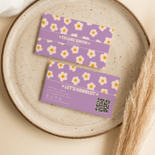 Tarjeta De Visita Código QR Blanco Morado Retro Floral Elegante y de